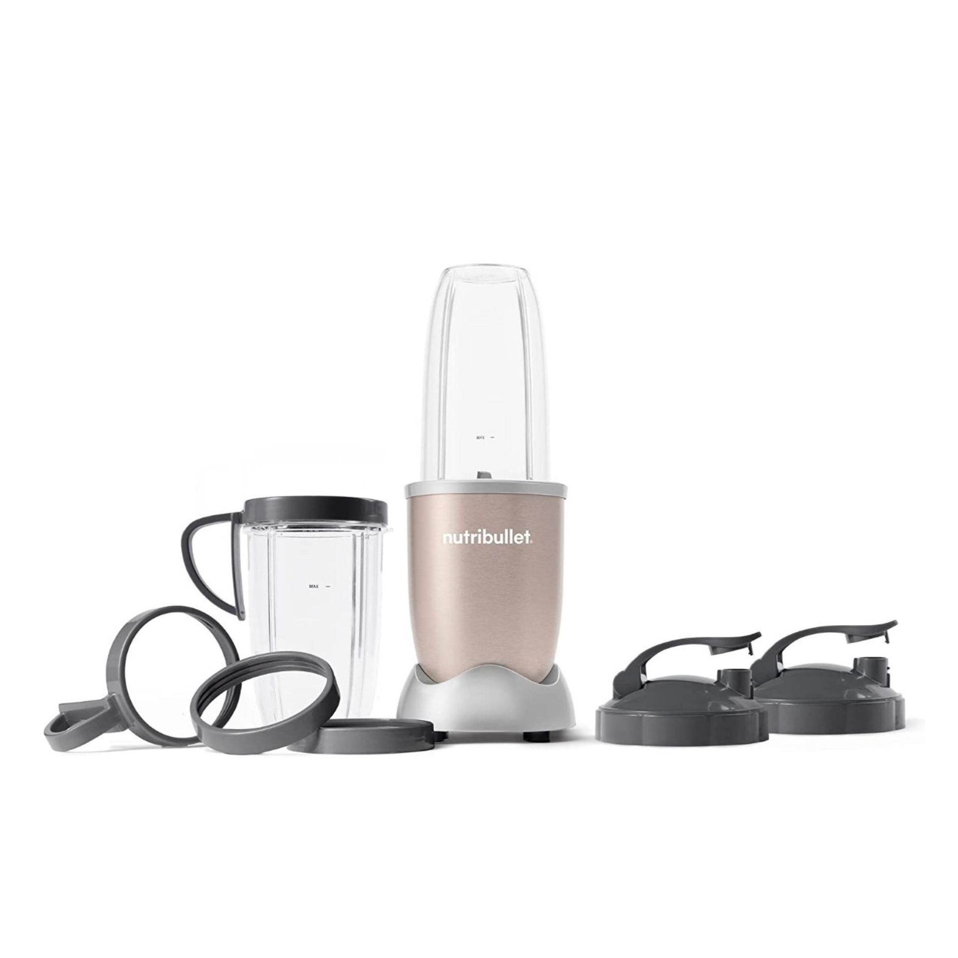 A Nutribullet blender with lid and jars