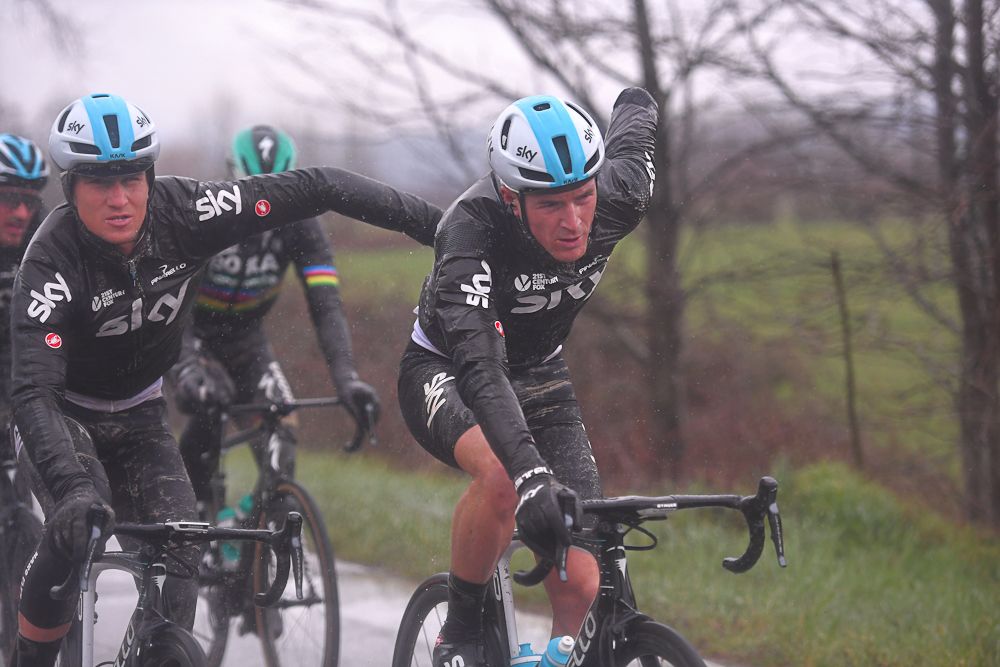 Team Sky's Michal Kwiatkowski and Leonardo Basso share during Strade Bianche
