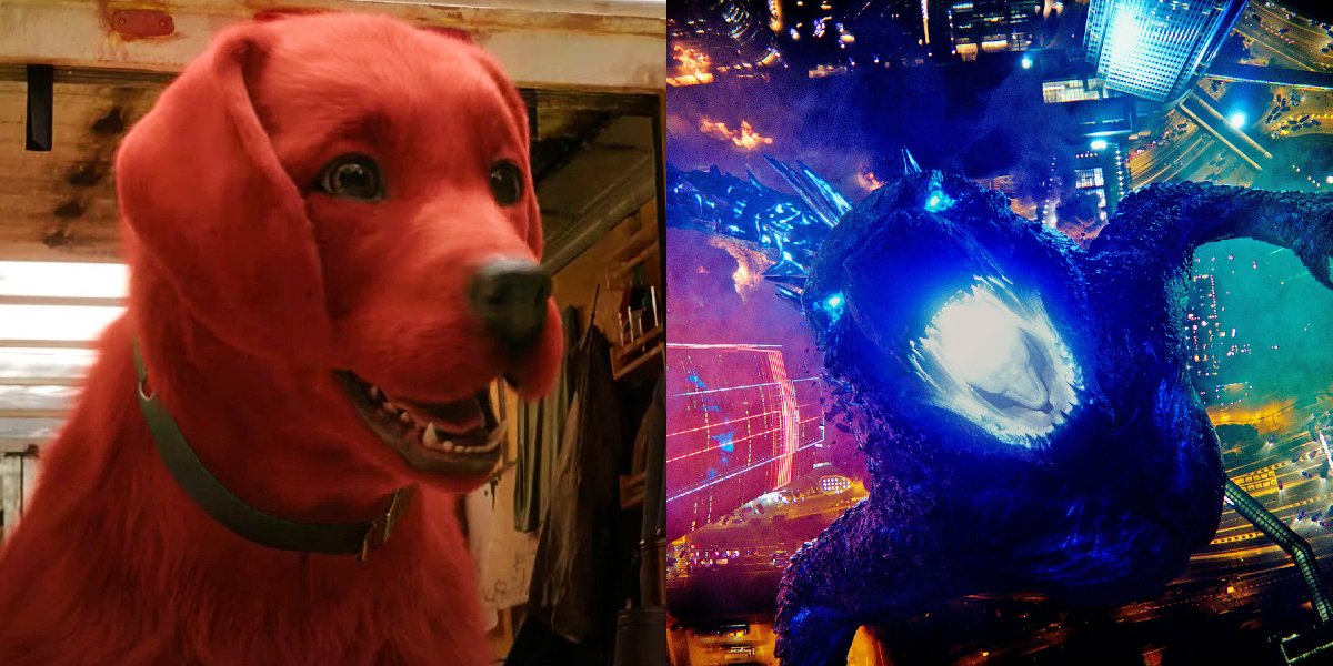 Clifford the big red dog and Godzilla pictured side by side.