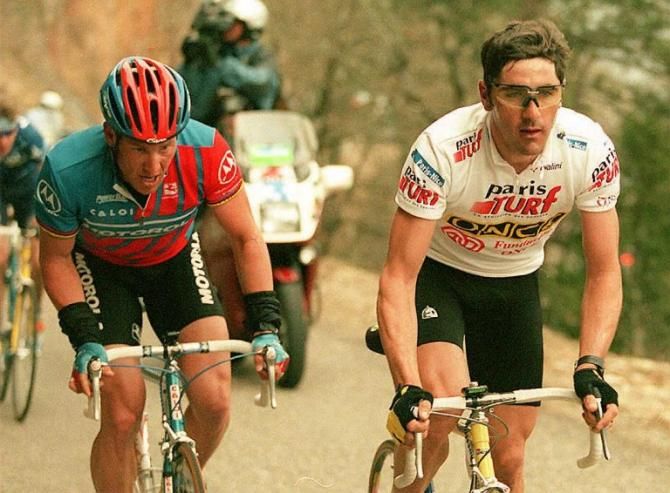 Laurent Jalabert leads Lance Armstrong on stage 4 of the 1996 race. The ONCE rider would win the stage and the overall