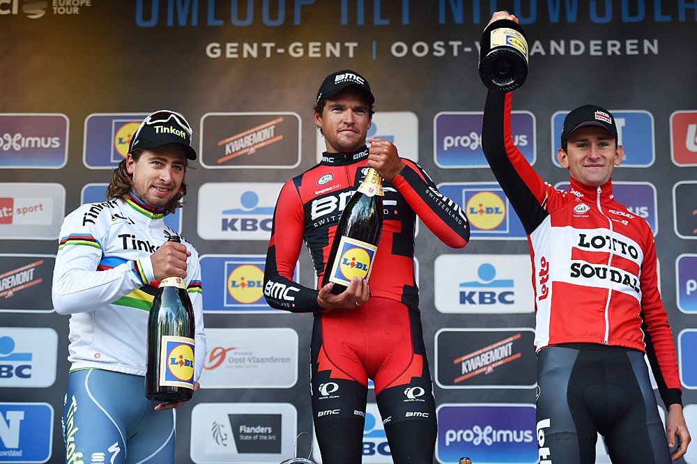Greg Van Avermaet (BMC) celebrates his win on the podium at Omloop Het Nieuwsblad