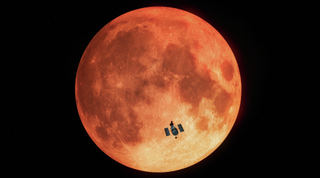 This illustration shows the Hubble Space Telescope in front of an image of the moon during a lunar eclipse.