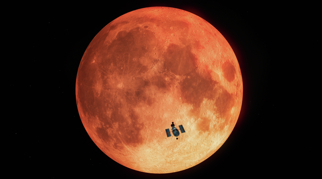 ilustração mostra o Telescópio Espacial Hubble em frente a uma imagem da lua durante um eclipse lunar.
