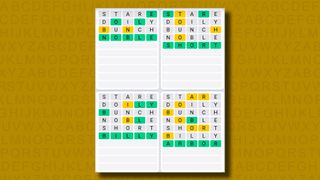 Quordle daily sequence answers for game 868 on a yellow background