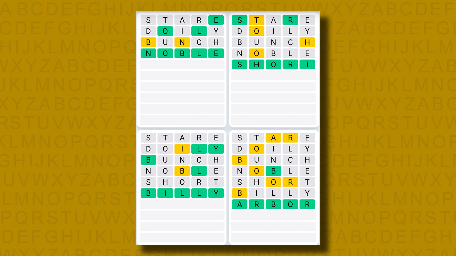 Quordle daily sequence answers for game 868 on a yellow background
