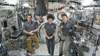 European Space Agency astronaut Sophie Adenot (right) discusses the new EuroSuit during a press conference from the International Space Station on Sept. 16, 2026.