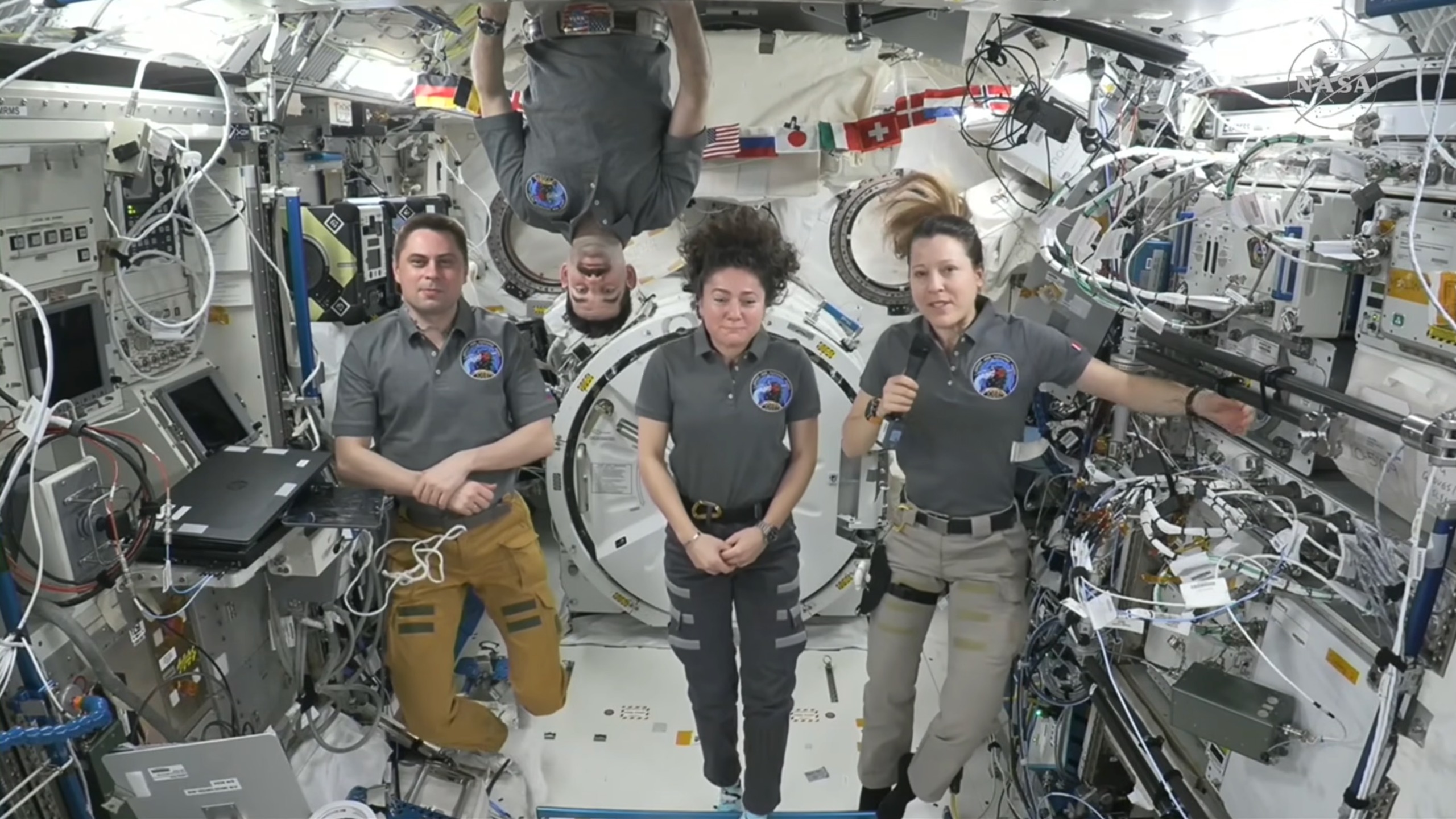 European Space Agency astronaut Sophie Adenot (right) discusses the new EuroSuit during a press conference from the International Space Station on Sept. 16, 2026.