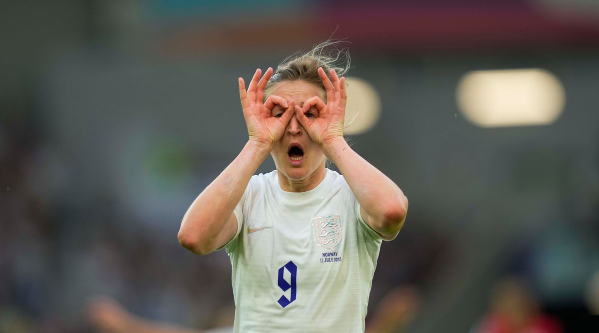 BRIGHTON, ENGLAND - JULY 11: Ellen White of England celebrates scoring her teams third goal during the UEFA Women&#039;s Euro England 2022 group A match between England and Norway at Brighton &amp; Hove Community Stadium on July 11, 2022 in Brighton, United Kingdom.