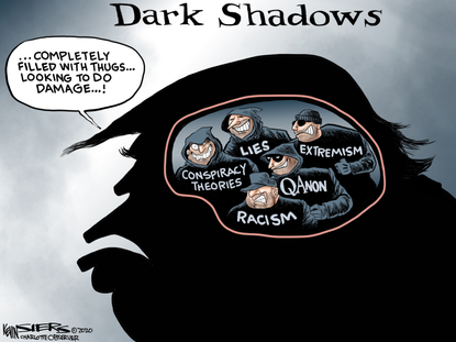 Political Cartoon U.S. Trump Fox News interview dark shadows