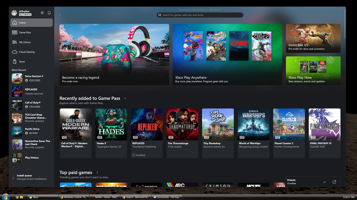 Screenshots of the Windows 11 desktop with the Xbox app open full screen.