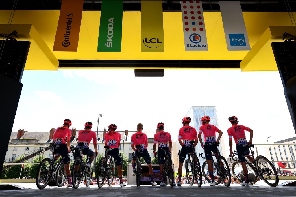 CHATEAUROUX FRANCE JULY 01 Sergio Higuita of Colombia Rigoberto Urn of Colombia Magnus Cort of Denmark Neilson Powless of The United States Stefan Bissegger of Switzerland Michael Valgren of Denmark Ruben Guerreiro of Portugal Jonas Rutsch of Germany and Team EF Education Nippo at start during the 108th Tour de France 2021 Stage 6 a 1606km stage from Tours to Chteauroux LeTour TDF2021 on July 01 2021 in Chateauroux France Photo by Michael SteeleGetty Images