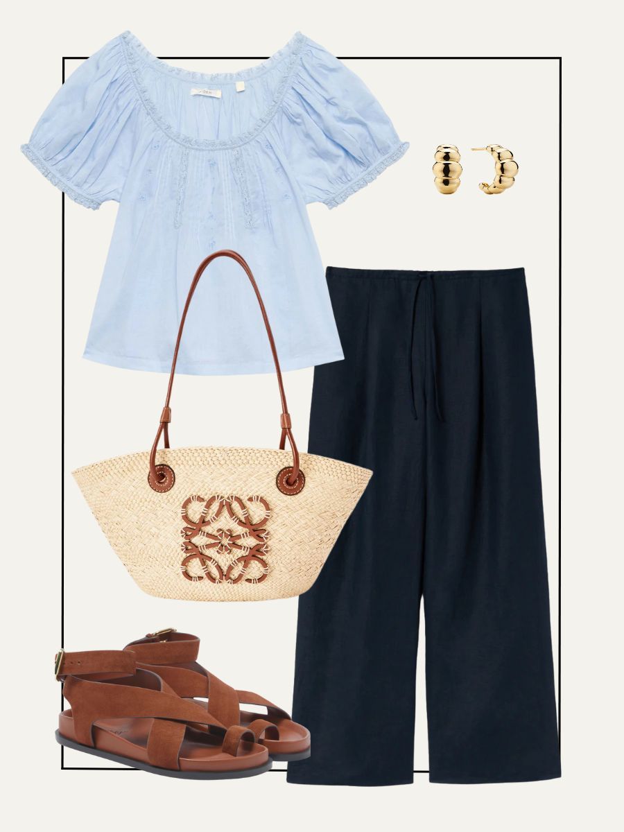 Jigsaw linen trousers, Dôen blouse, A Emery Sandals, Loewe basket bag, Mejuri earrings