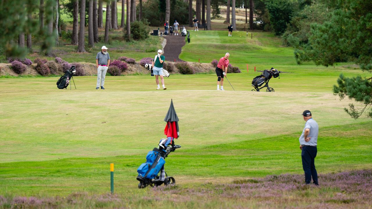 A golfer in the foreground waiting for another golfer behind him on the fairway to hit his shot, with two other golfers also watching