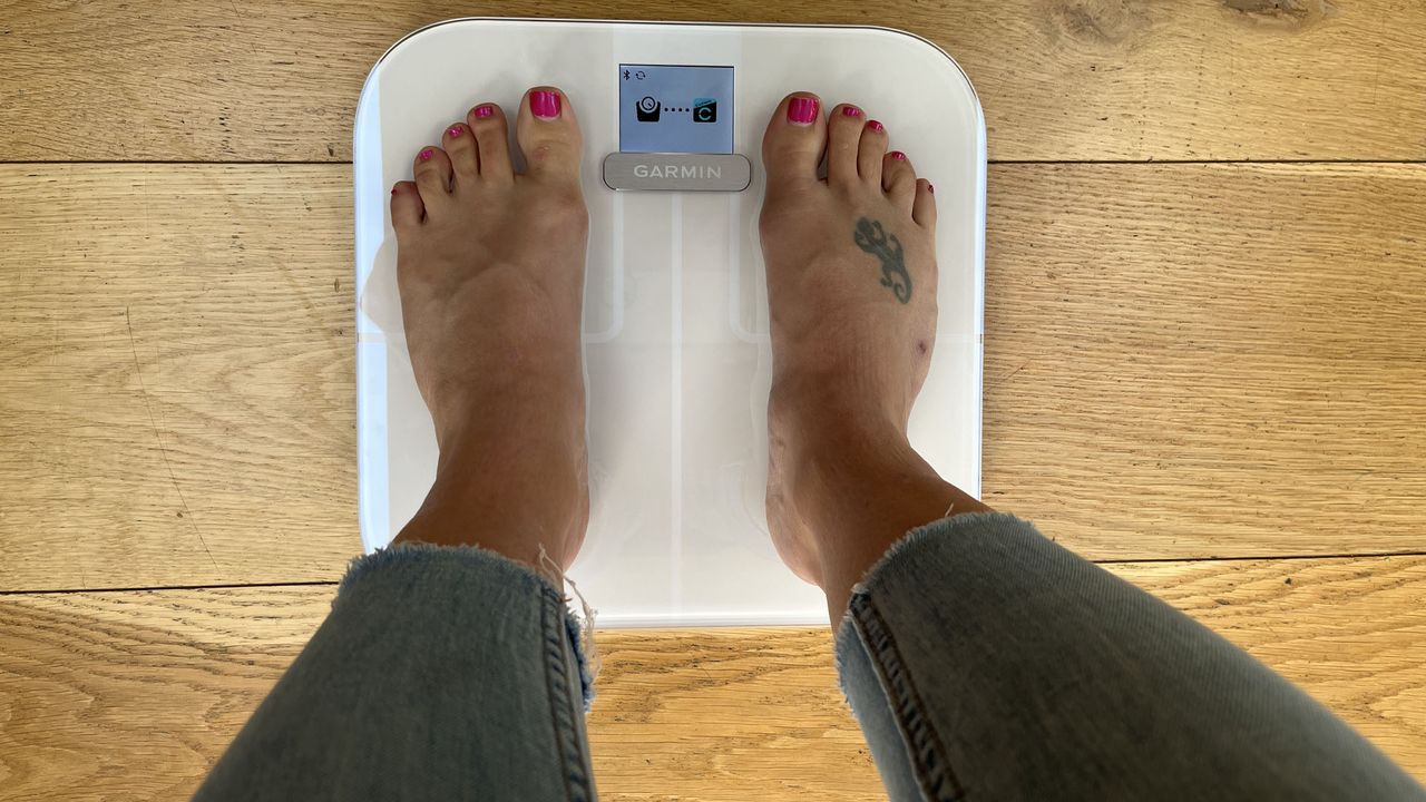 Garmin Index S2 smart scale being tested by Live Science contributor Maddy Bidulph