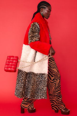 JAYLEY, Maxi Checkered Leopard Print and Shearling Faux Fur Coat