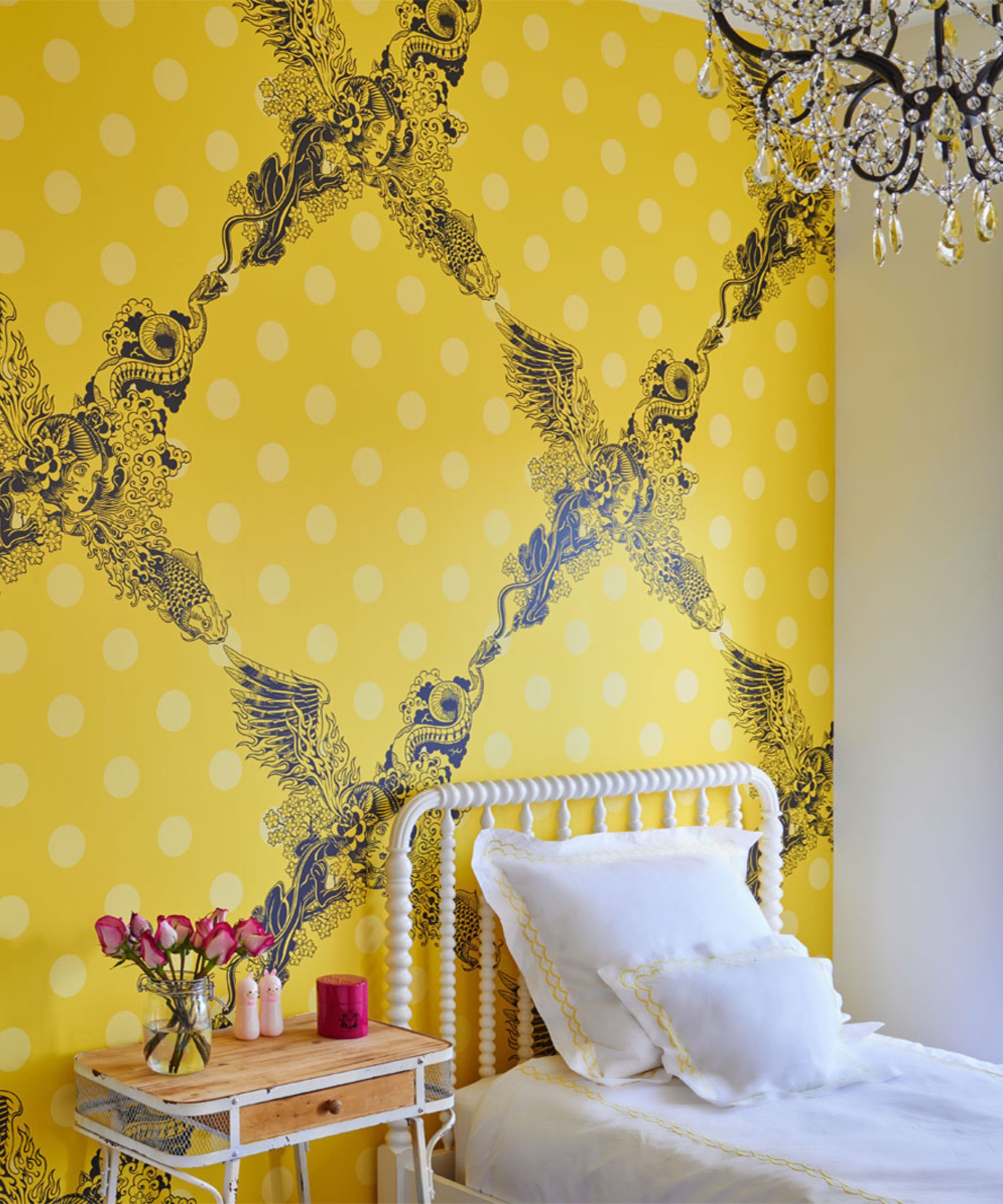 yellow wallpaper bold bedroom design twin beds