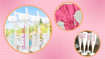 Love Island merch: Love Island water bottles, dressing gowns and flutes from Etsy , in a pink and orange template