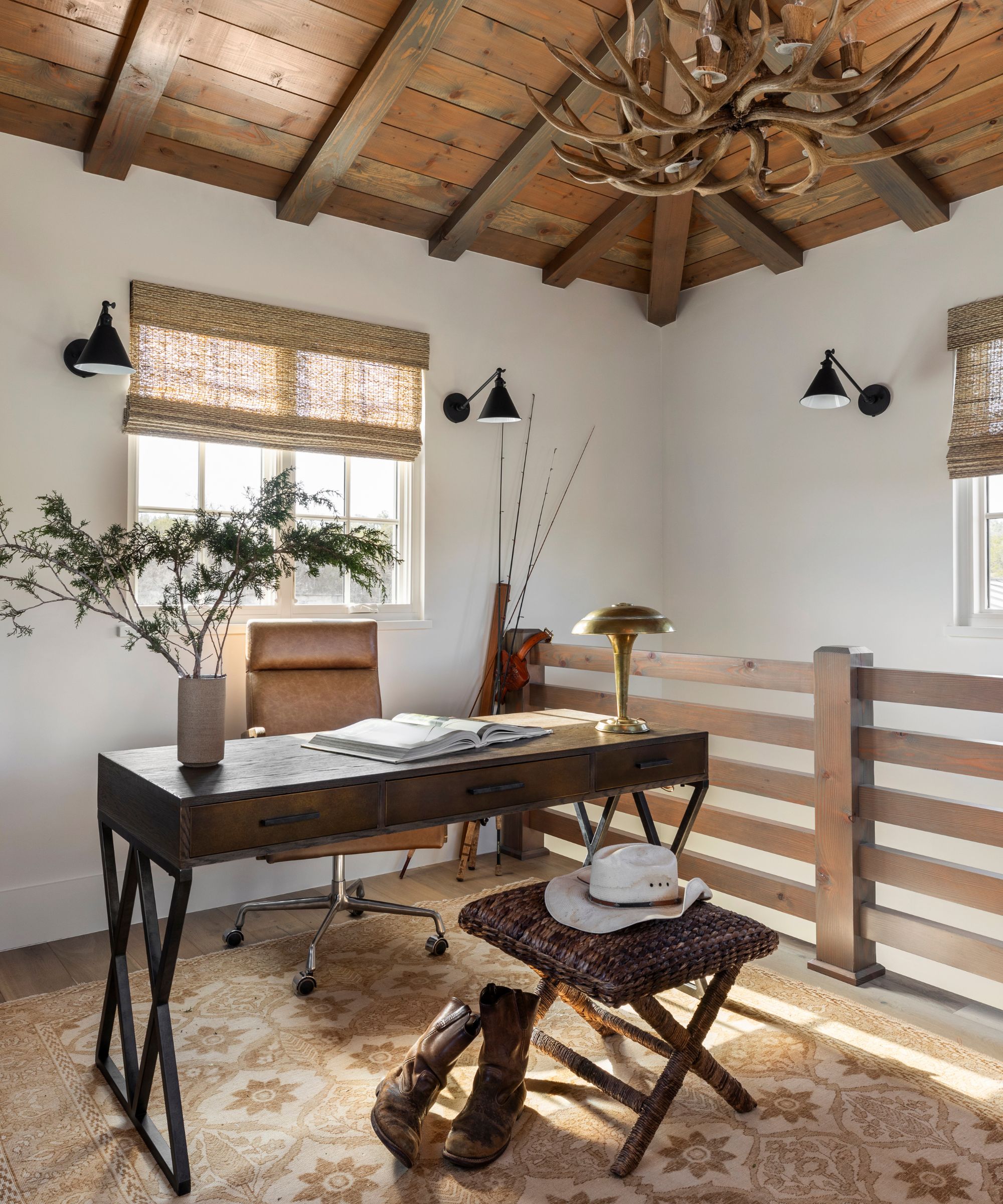 a home office in a Texas ranch house with vaulted wooden ceiling