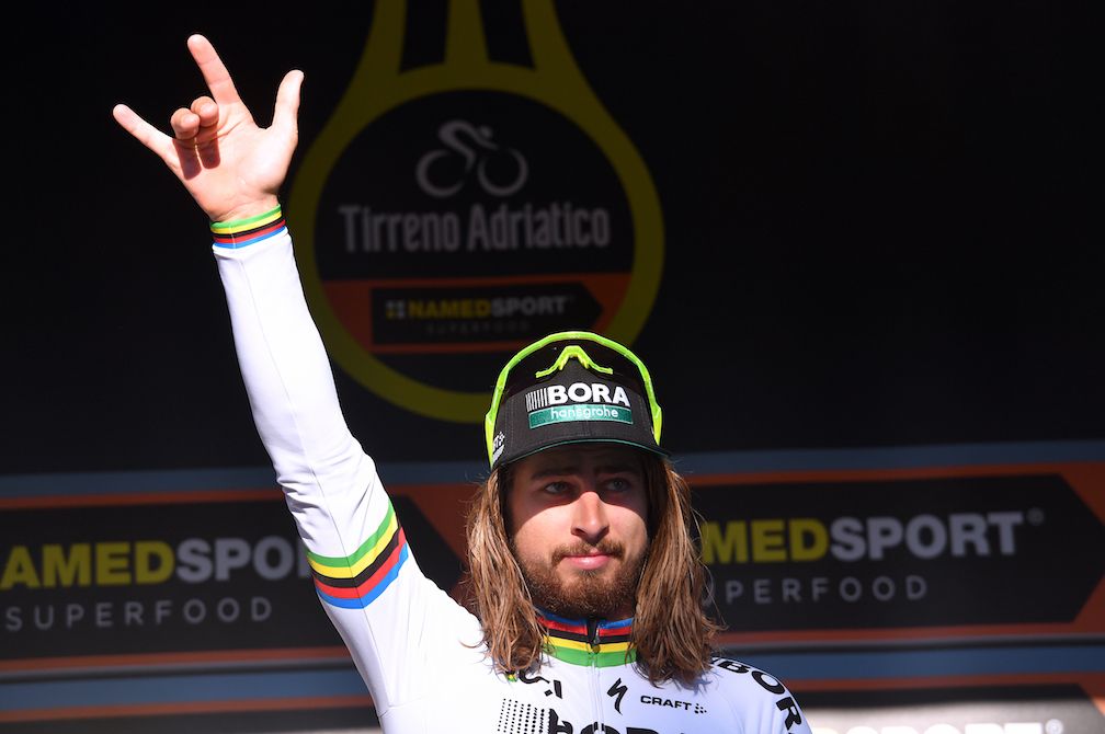 Peter Sagan atop the Tirreno-Adriatico stage 5 podium