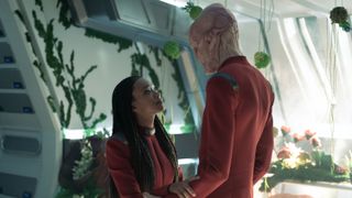 Sonequa Martin-Green as Burnham and Doug Jones as Saru in Star Trek: Discovery, season 5