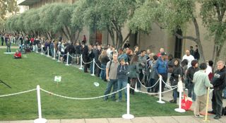 Enthusiastic attendees started lining up 12 hours early for Hawking's 8:00 p.m. lecture at Caltech on April 16, 2013. The overflow crowd stretched for more than a quarter mile.