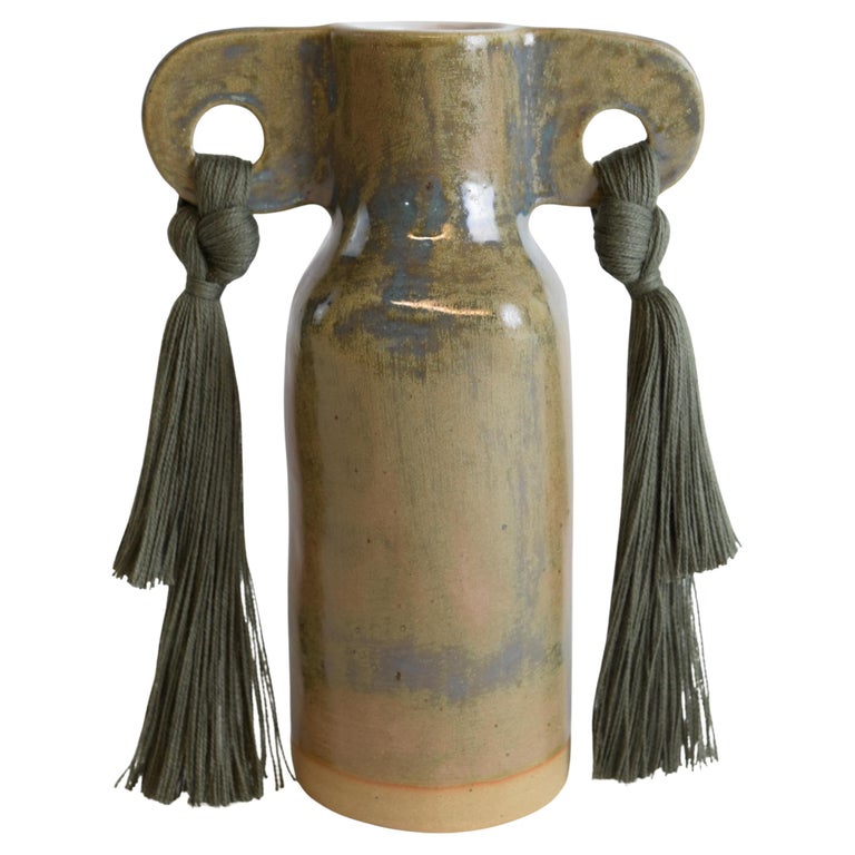 Handmade Ceramic Vase #606 in Olive Glaze With Olive Cotton Fringe Details