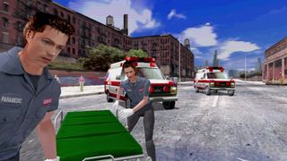 Emergency Call Ambulance arcade game with parademics rushing towards the screen and two ambulances in the background