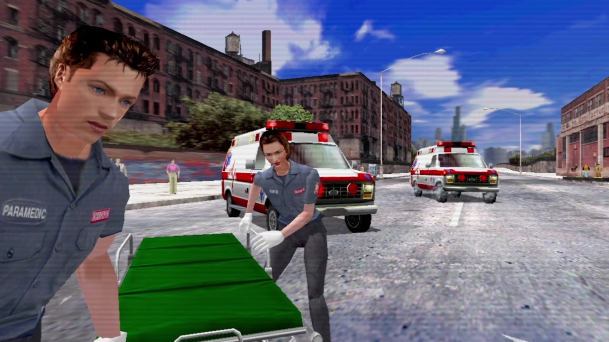 Emergency Call Ambulance arcade game with parademics rushing towards the screen and two ambulances in the background