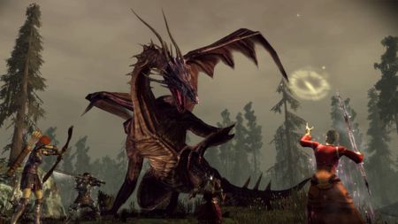 A cropped screenshot of characters attacking a dragon in Dragon Age: Origins - Ultimate Edition.