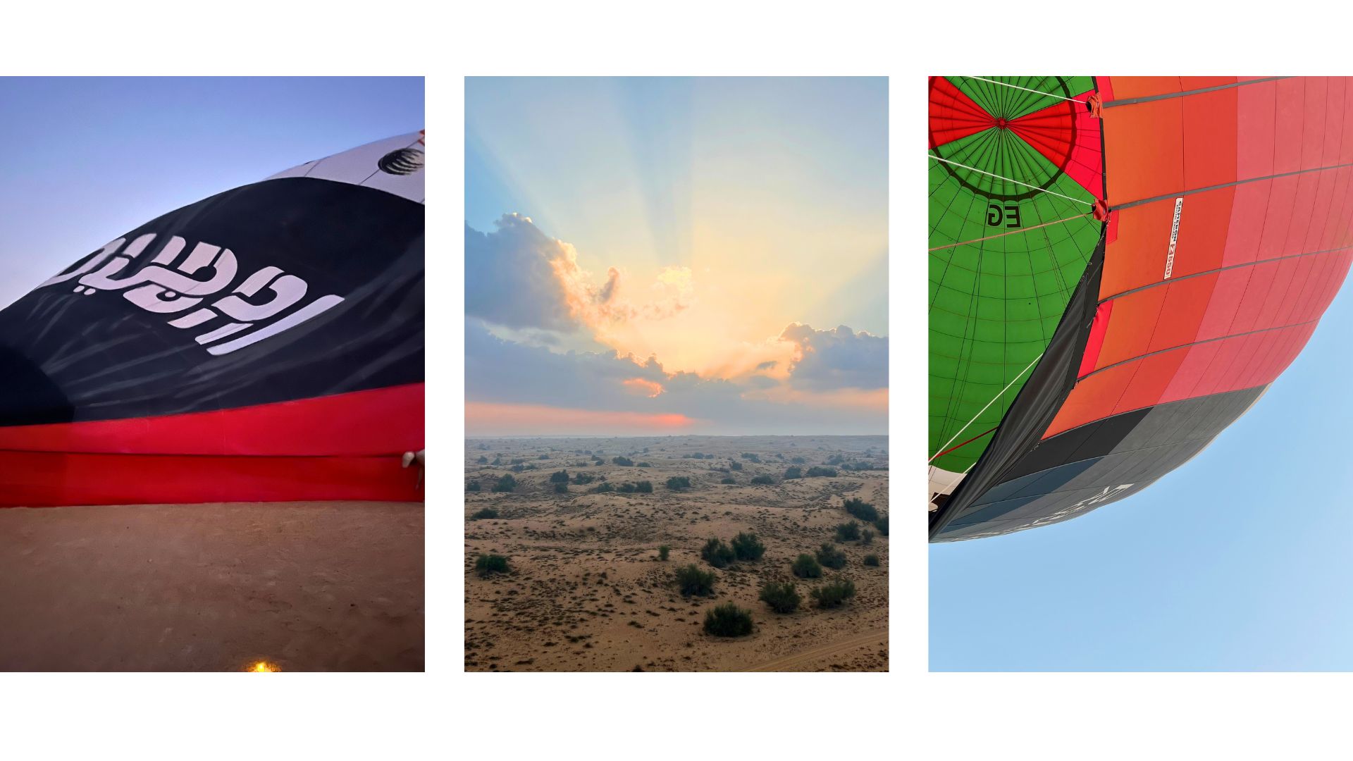 images of the sunrise and hot air balloon ride in Dubai desert