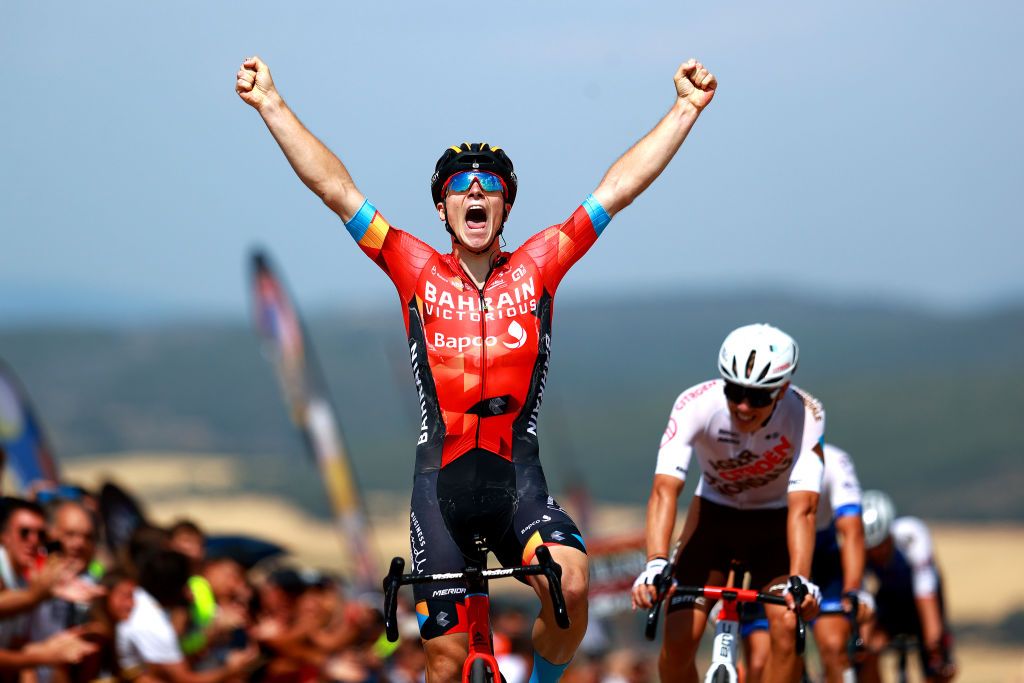 CLUNIA SPAIN AUGUST 05 Matevz Govekar of Slovenia and Team Bahrain Victorious celebrates winning ahead of Valentin Retailleau of France and Ag2R Citroen Team during the 44th Vuelta a Burgos 2022 Stage 4 a 169km stage from Torresandino to Ciudad Romana de Clunia VueltaBurgos on August 05 2022 in Clunia Spain Photo by Gonzalo Arroyo MorenoGetty Images