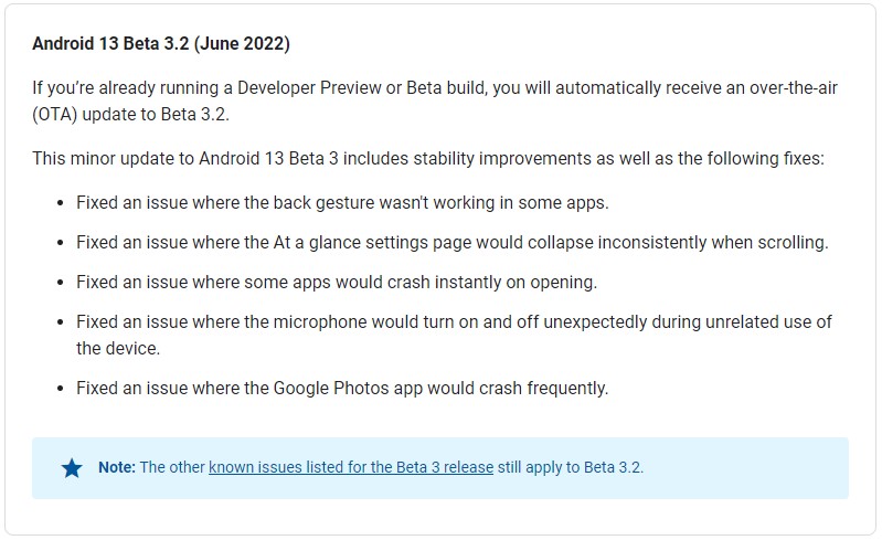 Android 13 Beta 3.2 sürüm notları