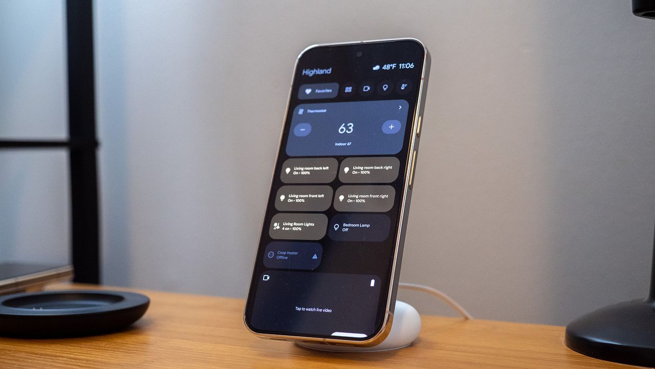 A Google Pixel 10 Pro XL on a Pixelsnap wireless charger with the screensaver function activated