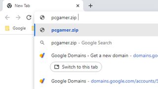 Google Chrome browser bar with pcgamer.zip address typed in it