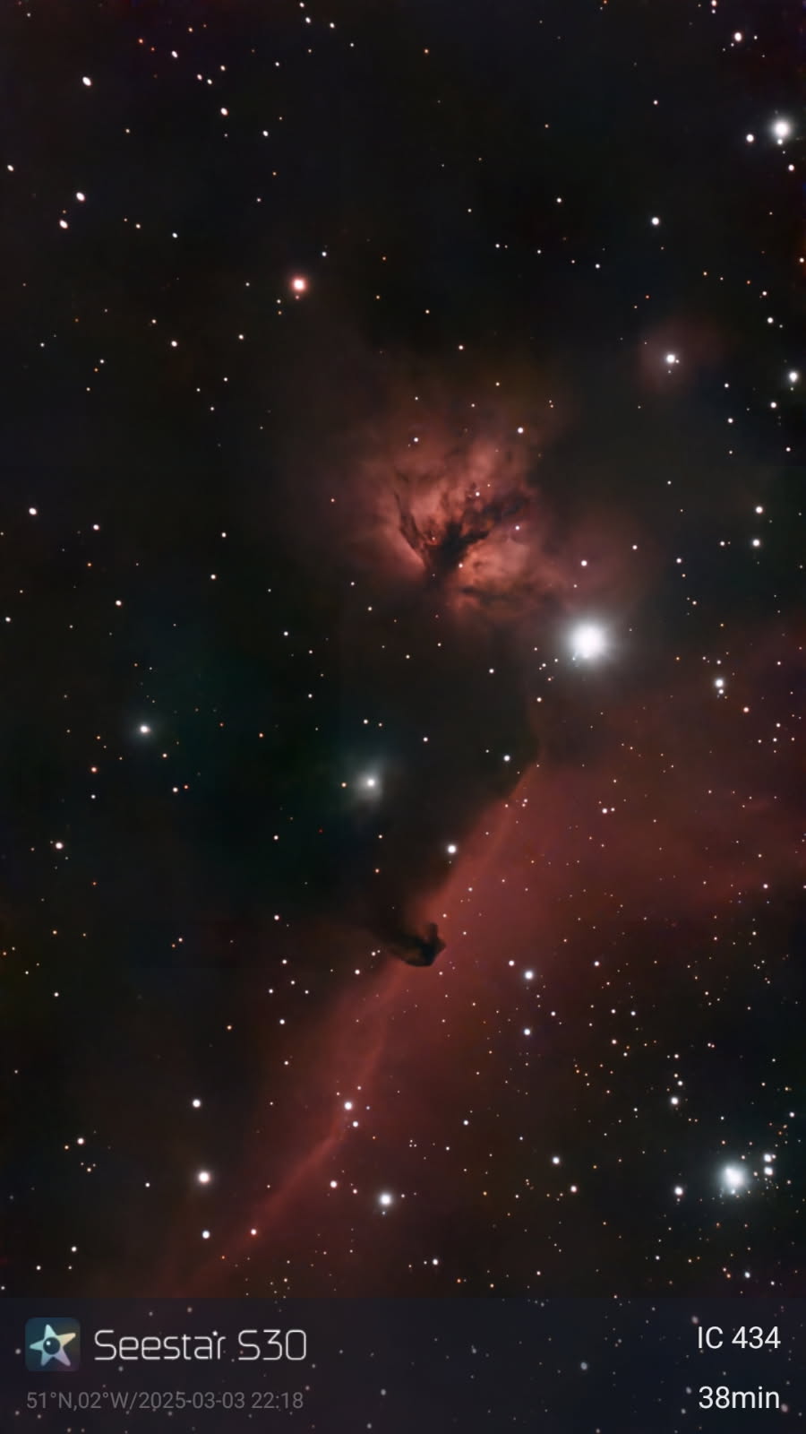 Astro shot of the Flame Nebula and the Horsehead Nebula taken with the ZWO Seestar S30 smart telescope.