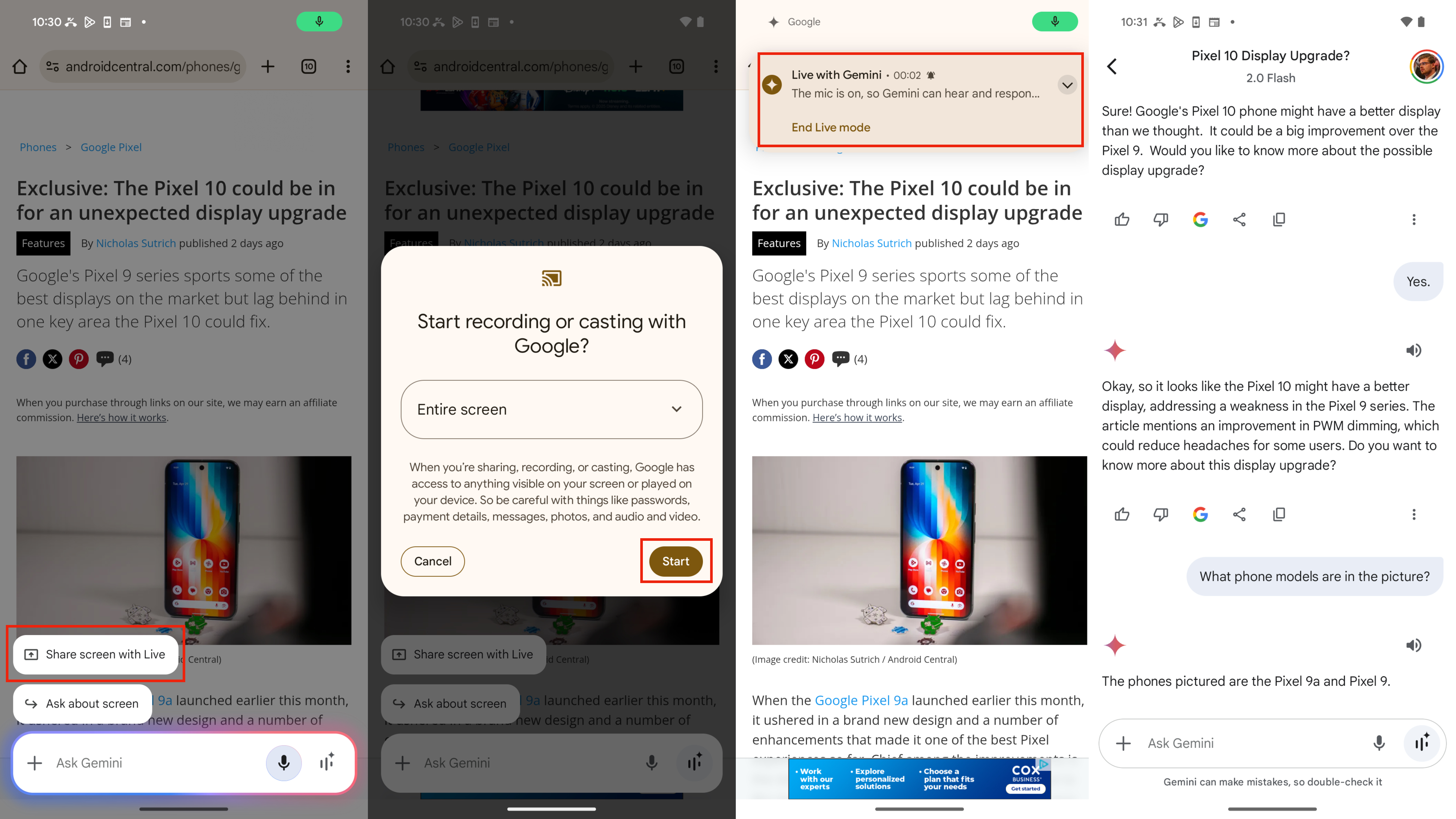 Sharing your screen with Gemini Live.