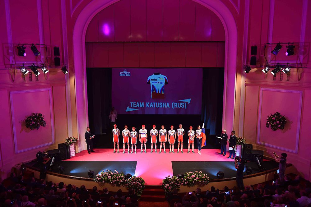 Team Katusha presented at the 2015 Giro d'Italia team presentation