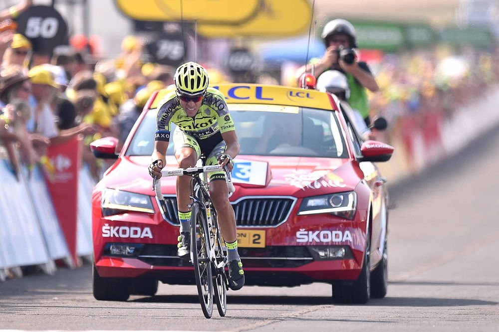Alberto Contador nears the finish of stage 14.