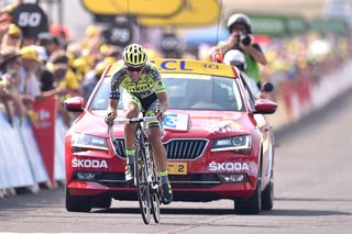 Alberto Contador nears the finish of stage 14.