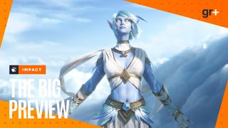 A skyborne - a blue elf-like race - holds her arms out against a cloudy backdrop in a World of Warcraft: Forever cinematic, with the orange GamesRadar+ Big Preview branding