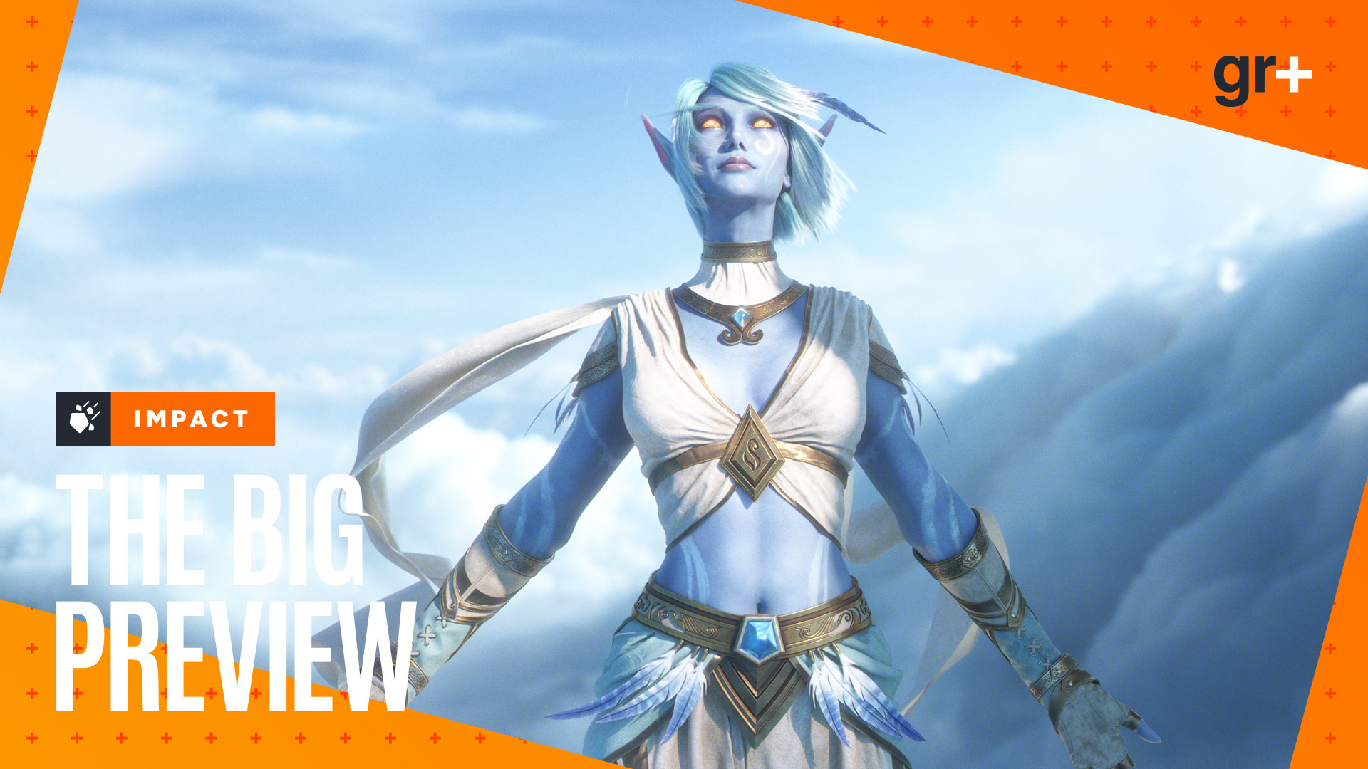 A skyborne - a blue elf-like race - holds her arms out against a cloudy backdrop in a World of Warcraft: Forever cinematic, with the orange GamesRadar+ Big Preview branding