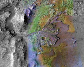 NASA has picked Jezero Crater on Mars, part of which is shown here, as the landing site for its Mars 2020 rover. This view shows ancient water-carved deltas, fans and lake basins in the region.