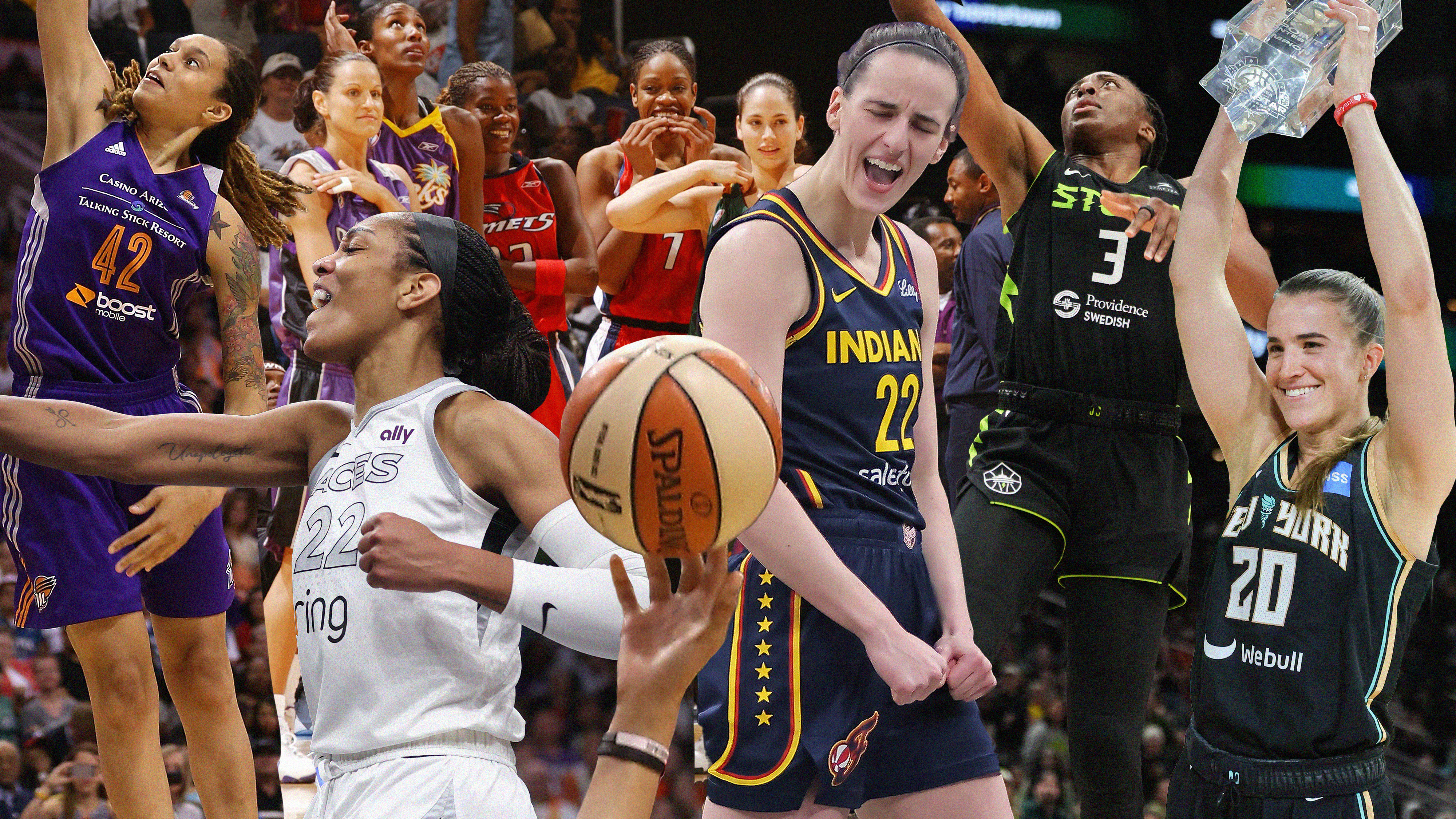 A collage of photos taken during WNBA All-Star games throughout the event's history, including images of Caitlin Clark, A'Ja Wilson, and Brittney Griner.
