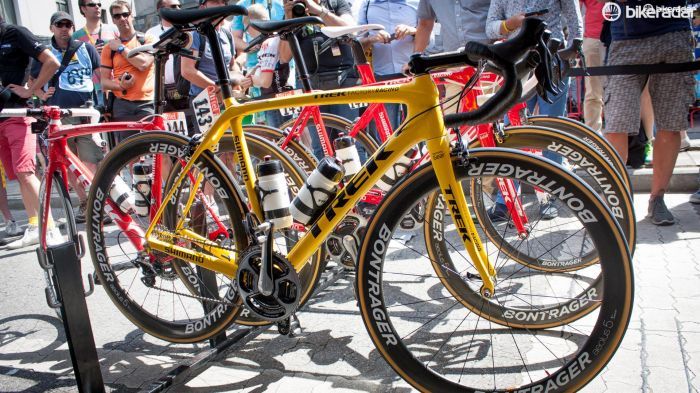 Cancellara's yellow Trek Madone drew a massive crowd at the start of stage three
