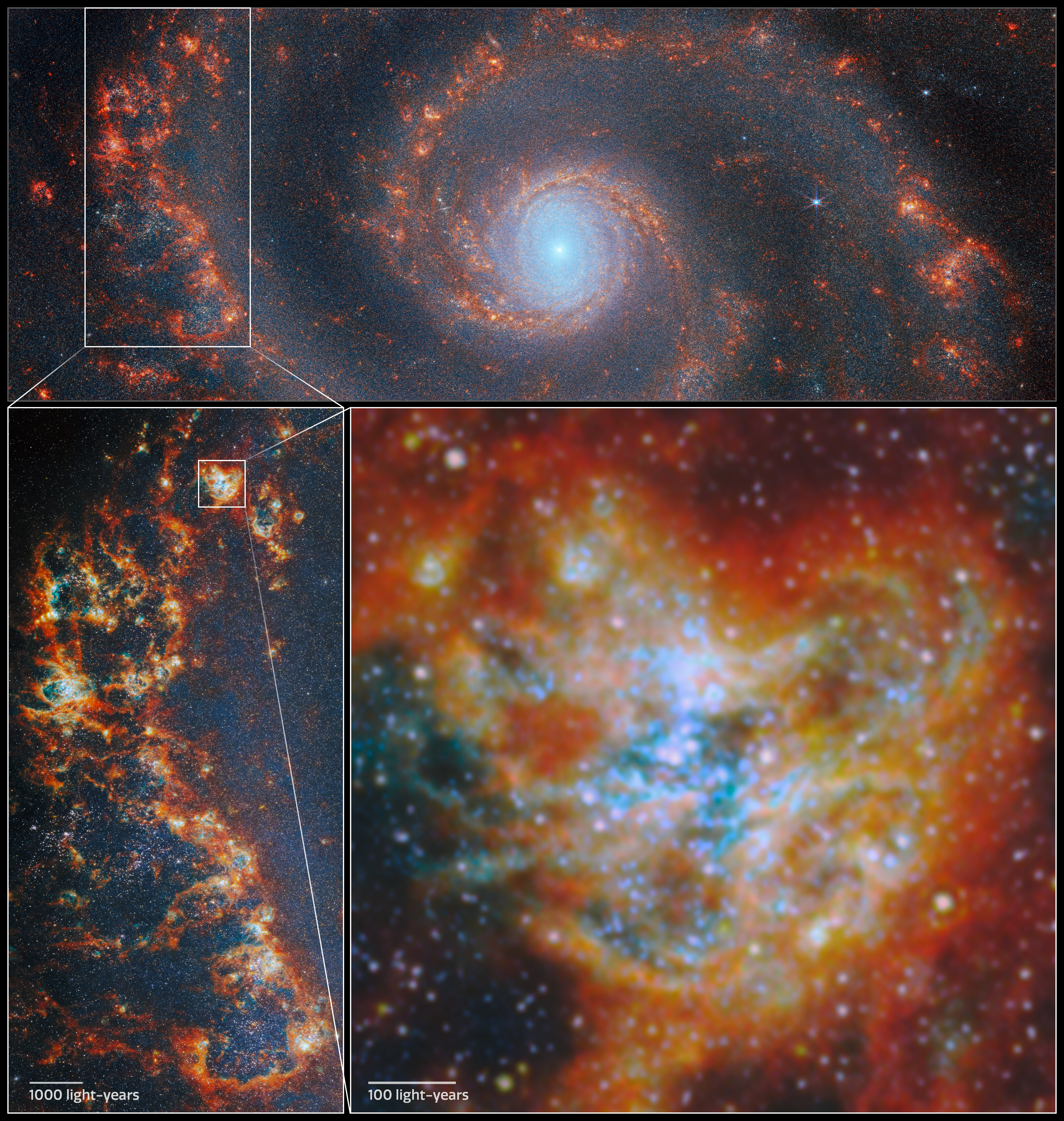 A blue and orange whirpool of stars seen by the James Webb Space Telescope