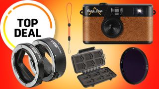 A vintage-style camera, extension tubes, lens filter, and a compact case, all showcased with a "Top Deal" badge on a gradient background