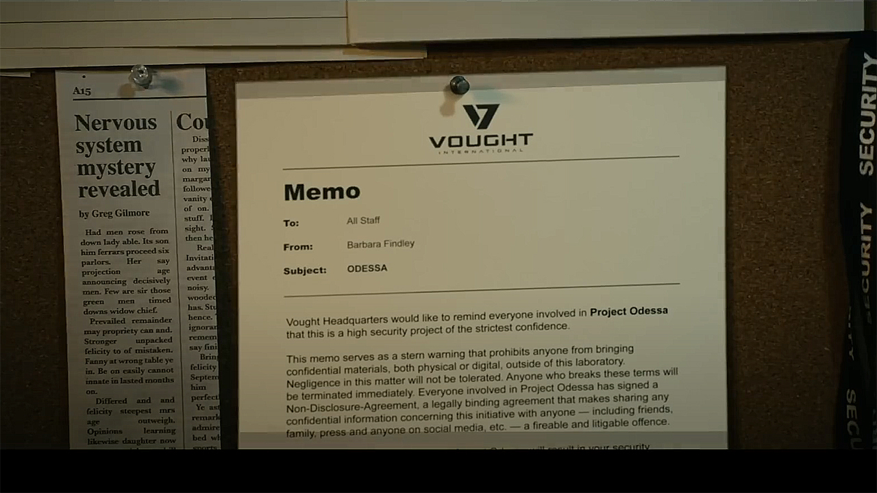 A screenshot of a Vought memo discussing Project Odessa in The Boys season 4 episode 4