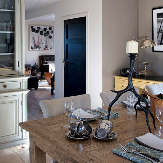 open plan dining area with wooden dining table