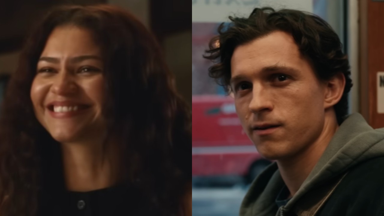 From left to right: Zendaya smiling in The Drama and Tom Holland looking up in Spider-Man: Brand New Day. 