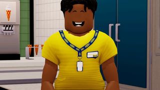 Roblox character in Ikea uniform smiling